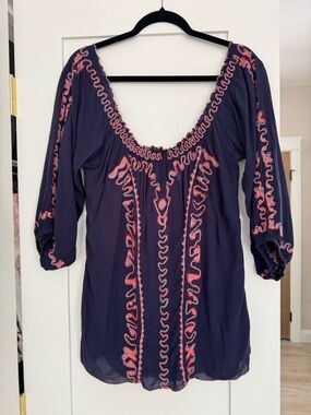 Poupette St Barth Navy Embroidered Peasant Blouse Boho Resort Top Medium